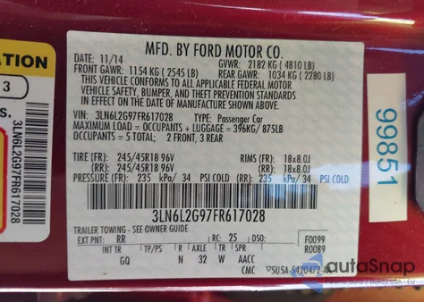 2015 Lincoln Mkz из США, поврежденный, VIN 3LN6L2G97FR617028